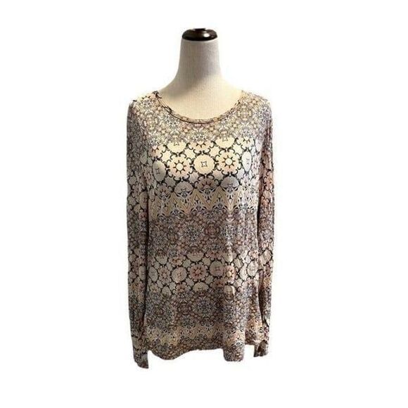 Lands' End Tops - Lands End Womens Top Medium Pullover Long Sleeve Peach Mosaic Boat Neck Casual